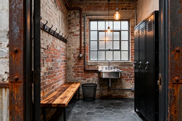 A compact industrial mudroom framed by a rusted steel doorway features exposed red and gray brick walls. On the right are matte black metal lockers; at center a wall-mounted stainless-steel utility sink sits below a multi-pane factory window illuminated by two hanging Edison bulbs. A solid wood bench with black legs lines the left wall beneath a row of black coat hooks, while a sealed concrete floor with a small hexagon tile inlay and a black wire mesh basket complete the space.