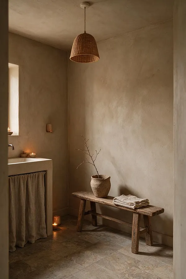 A serene master bathroom in Wabi-Sabi style with plaster walls, a woven pendant light, and a rustic wooden bench topped with a handmade pottery vase and folded linens. A compact sink with a linen curtain, stone tile flooring, and soft candlelight create a warm, minimalist atmosphere.