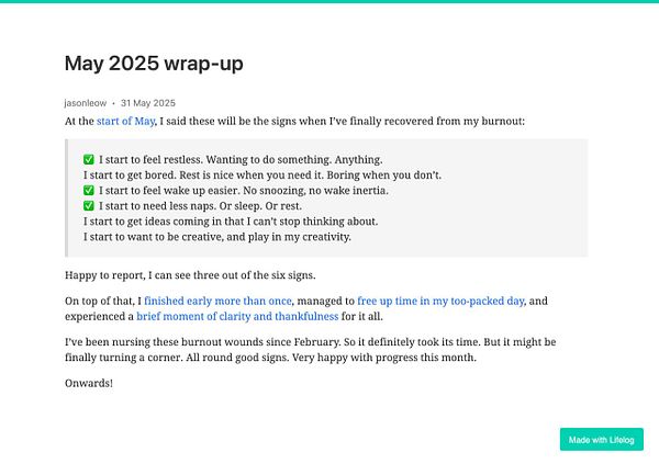 A blog post wrap-up for May 2025 discussing signs of recovery from burnout.
