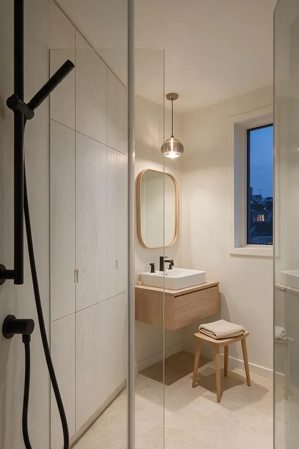 A compact Scandinavian-style master bathroom with a floating oak vanity, rectangular white sink, and rounded wood-framed mirror on a soft white wall. A black shower fixture appears in the foreground, while a small wooden stool with folded towel, a pendant light, and a window with evening blue light add warmth and calm.