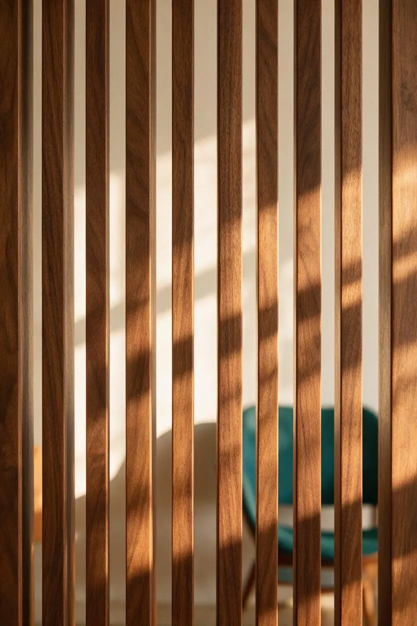 Vertical walnut wood slats fill the foreground, creating a warm screen with strong light and shadow. Through the gaps, a teal upholstered chair and a pale wall are partially visible, suggesting a cozy Mid-Century Modern interior.