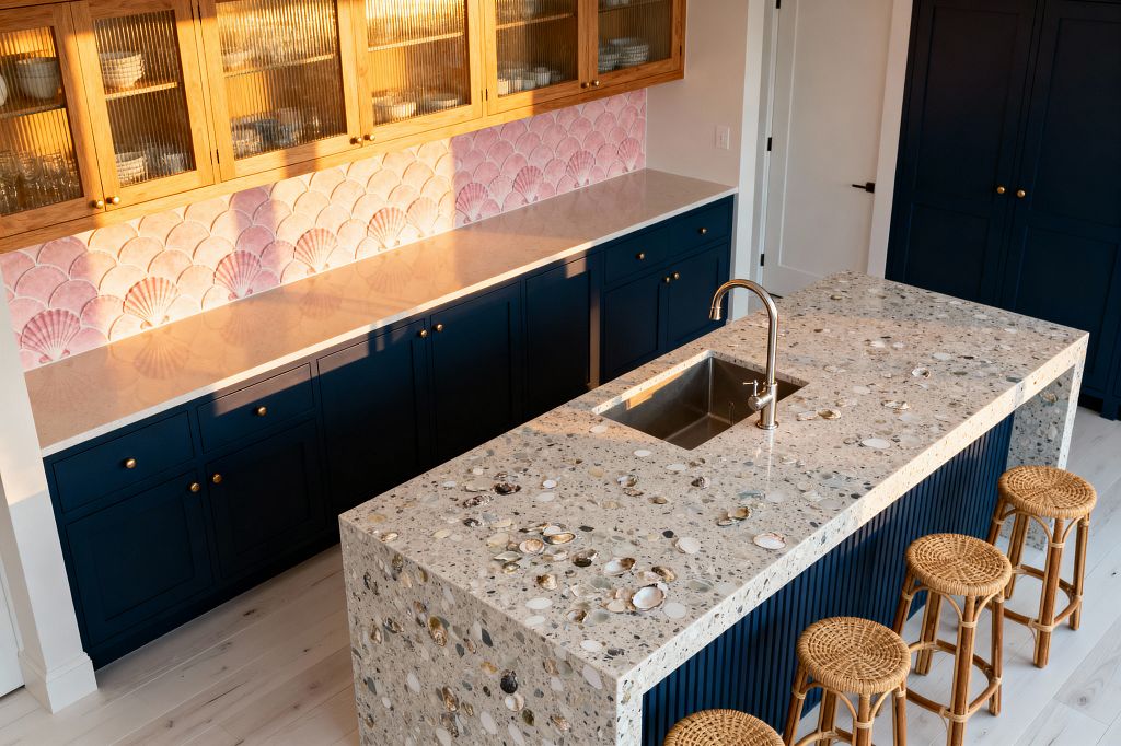 A coastal kitchen with a large island topped in shell-studded terrazzo and a fluted navy base, paired with four round rattan stools. Along the wall, deep navy shaker cabinets with brass knobs sit beneath a pale countertop and a pink scallop-tile backsplash, while upper oak cabinets with reeded glass display dishes; a stainless gooseneck faucet and undermount sink complete the sunlit, beach-inspired space.