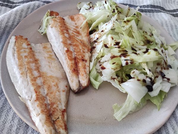 A plate featuring grilled bass fillets alongside a fresh salad.