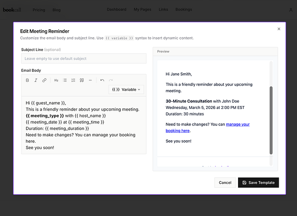 Screenshot of an email template editor interface showing an email preview with text and branding.