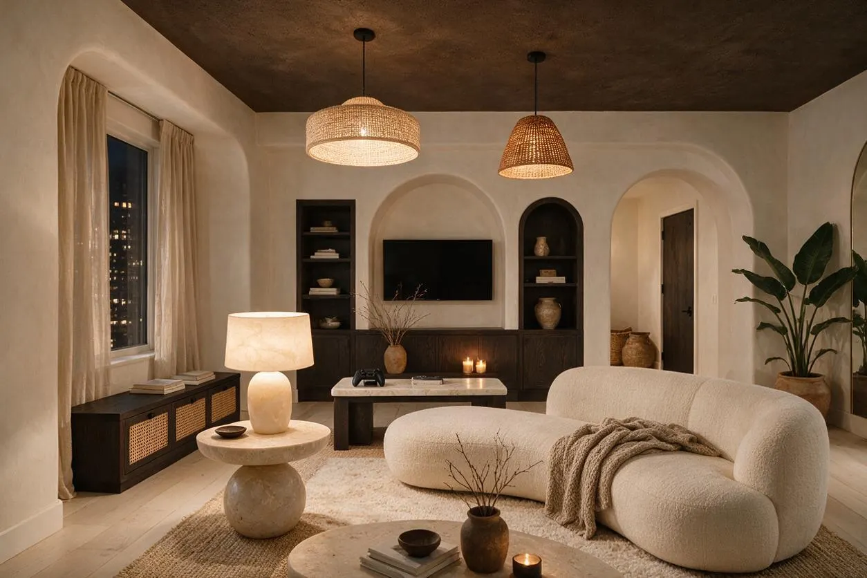 A warm organic modern game room with a curved cream sectional, textured rugs, and a stone pedestal side table. The room features arched wall niches, a low media cabinet, woven pendant lights, soft drapery, and earthy decor accents in beige, brown, and black.