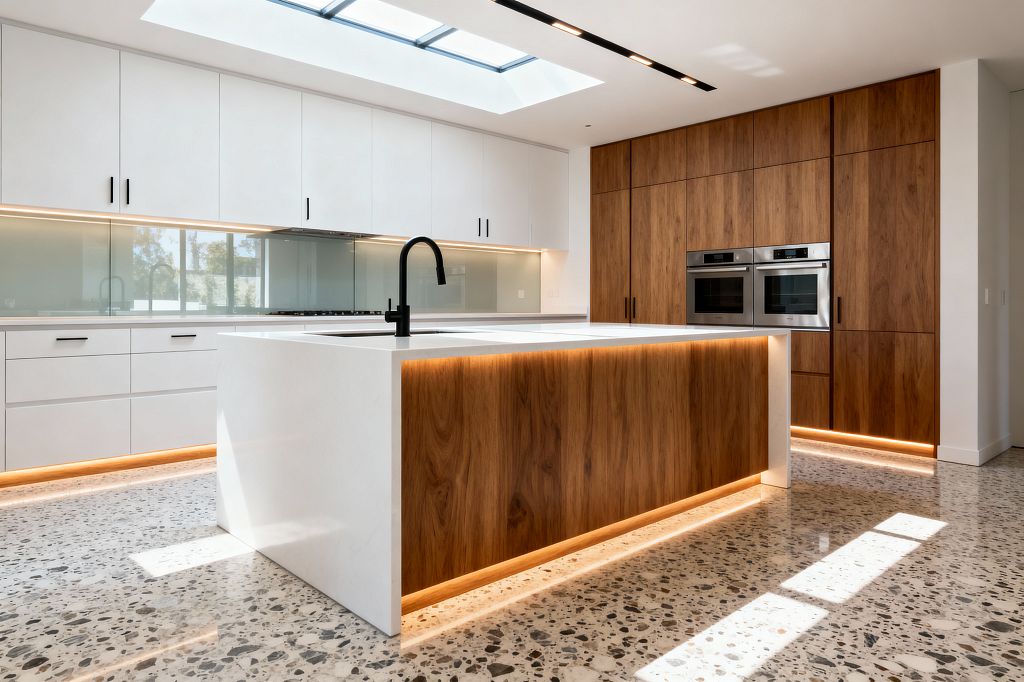 A bright modern kitchen centers on a white waterfall island with a matte black faucet and a walnut-clad face, underlit with warm LEDs. Flat white cabinets with black pulls sit above a pale glass backsplash and gas cooktop, while a full-height walnut wall with double stainless-steel ovens faces polished terrazzo floors beneath a recessed light and a large skylight.