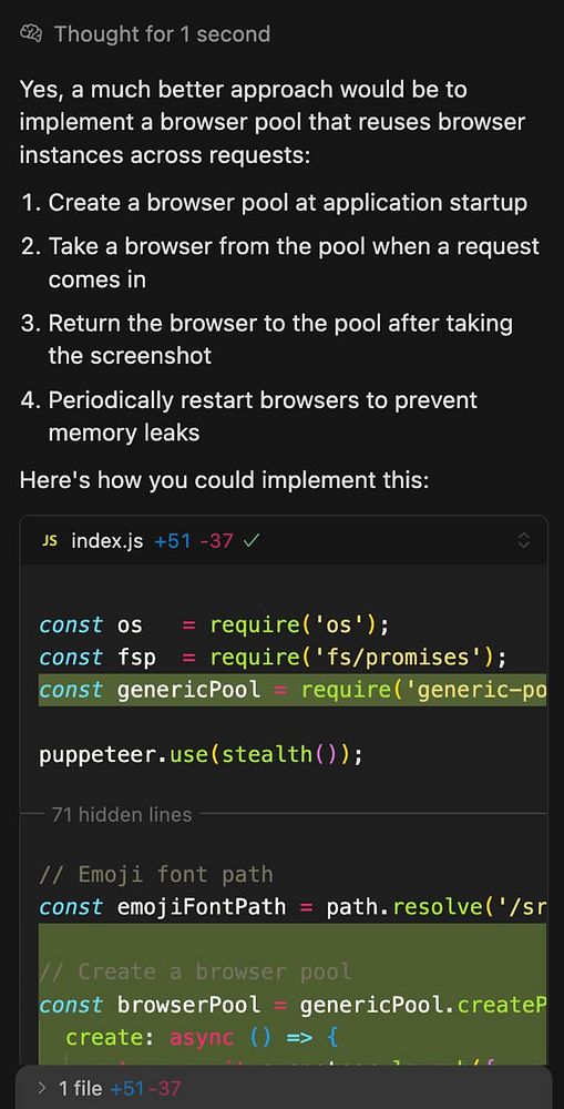The image displays a code snippet discussing the implementation of a browser pool in a JavaScript application.