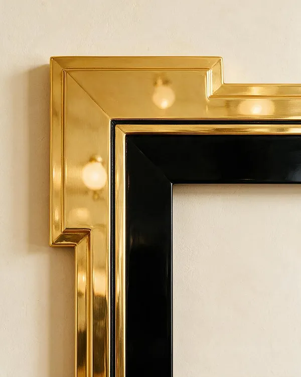 Close-up of an ornate Art Deco picture frame corner with a polished gold outer border and a glossy black inner band. The frame sits against a warm off-white wall, and the reflective metal surface catches soft light.