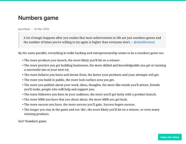 A blog post discussing the concept of success as a numbers game in entrepreneurship and indie hacking.