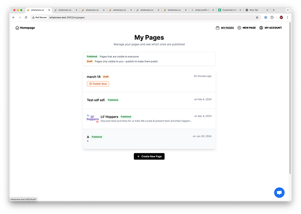 The image displays a webpage titled 'My Pages' for managing published and draft pages.
