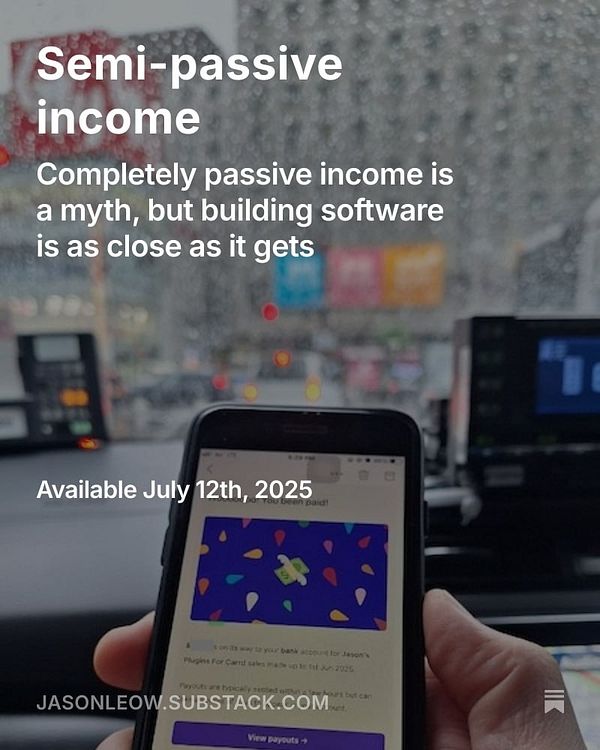 A smartphone displays a notification about semi-passive income while rain obscures the view outside a vehicle.