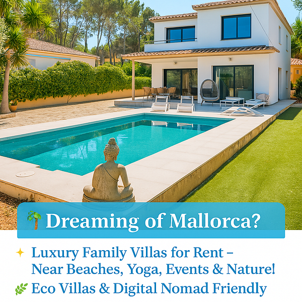 A luxurious villa in Mallorca features a swimming pool, lush greenery, and inviting outdoor seating.