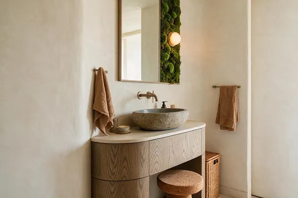 A serene master bathroom with a curved wood vanity, stone vessel sink, and brass wall faucet beneath a rectangular mirror. A vertical moss panel beside the mirror and soft beige walls create a natural biophilic look, while brown towels and woven storage add warmth and texture.