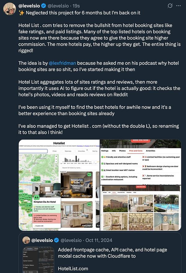 The image features a screenshot of the Hotel List website interface alongside a tweet discussing its relaunch.