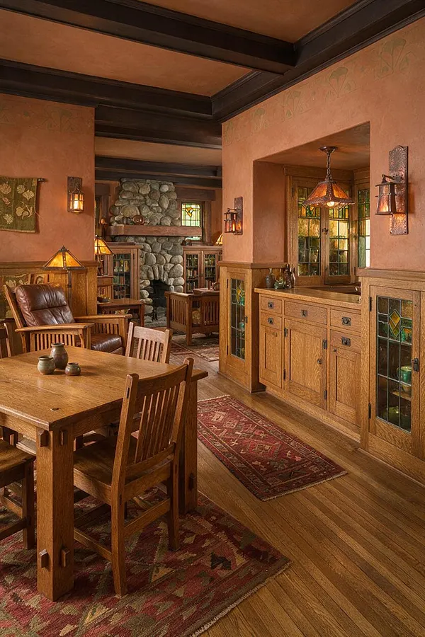 A Craftsman-style basement with a warm wood dining set in the foreground, leather seating, and a central stone fireplace in the back. Built-in oak cabinetry with leaded glass panels, stained wood trim, and stained glass sconces create an inviting, vintage-inspired atmosphere.