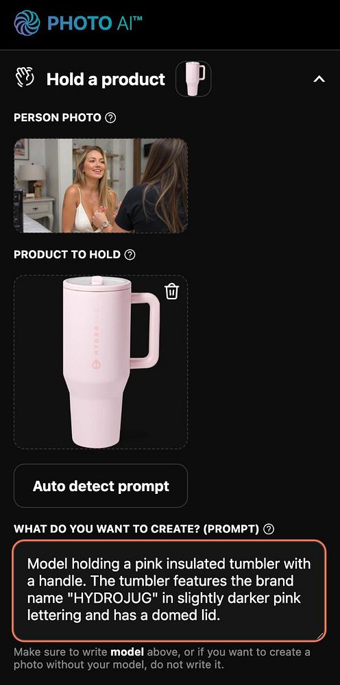 The image displays a user interface for a product scene upload feature in a photo AI application.
