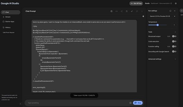 The image displays a coding interface with PHP code related to optimizing missile performance in a game.