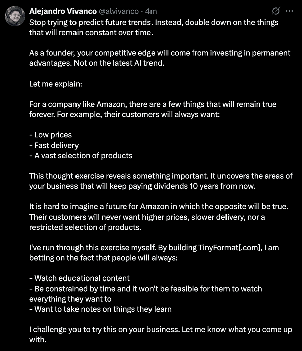A Twitter post by Alejandro Vivanco discussing business strategies and customer needs.