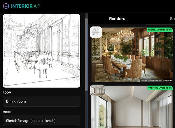 The image displays a user interface for an interior design application showcasing a dining room sketch and rendered images.