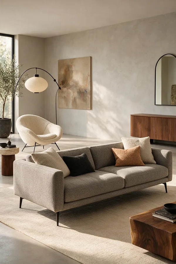A modern living room with a light gray upholstered sofa on a cream rug, accented by neutral and rust throw pillows. In the background are a cream boucle lounge chair, arched floor lamp, abstract wall art, a ribbed wood console, and a black-framed mirror beside large windows and an olive tree.