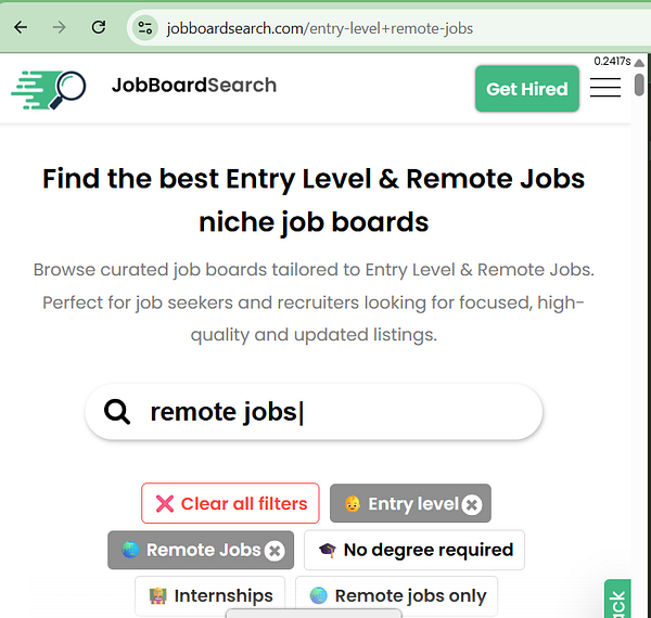 The image displays a webpage for JobBoardSearch focused on entry-level and remote job listings.