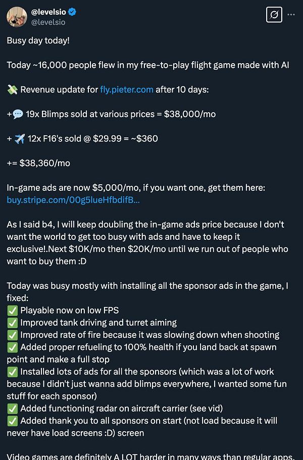 A Twitter post detailing a revenue update and game improvements for a flight simulation game.