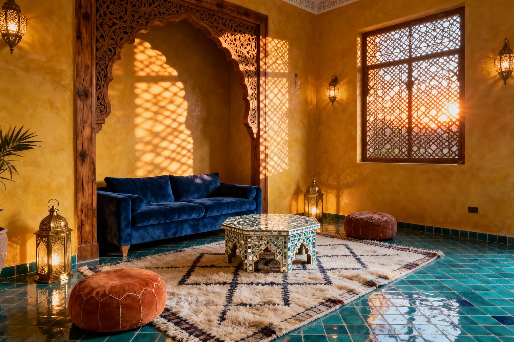 A Moroccan-style living room with saffron tadelakt walls, a carved cedar horseshoe arch, and teal-green zellige tile flooring. A deep blue velvet sofa faces an octagonal mosaic-tiled coffee table set on a plush ivory Beni Ourain rug; brass pierced lanterns and wall sconces glow as sunset filters through a latticed window, casting geometric shadows across the room, with round terracotta leather poufs and a potted palm completing the warm, inviting scene.