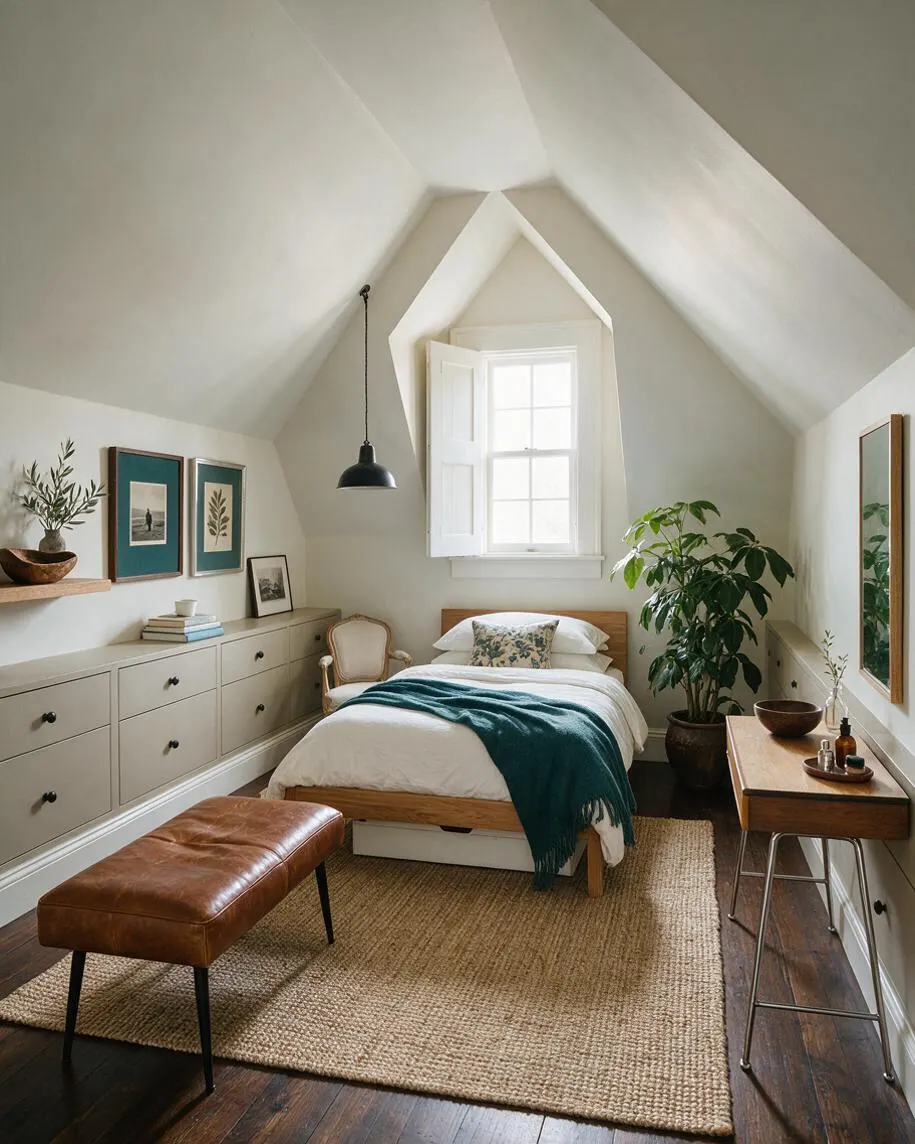 A cozy attic master bedroom with a pitched white ceiling, centered window, and a simple wood bed dressed in white bedding, a teal throw, and a patterned accent pillow. Built-in drawers line the left wall, a wooden desk and large plant sit on the right, and a tan leather bench rests on a woven jute rug over dark wood floors.
