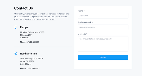 The image displays a contact form for Retently, along with company contact information for Europe and North America.