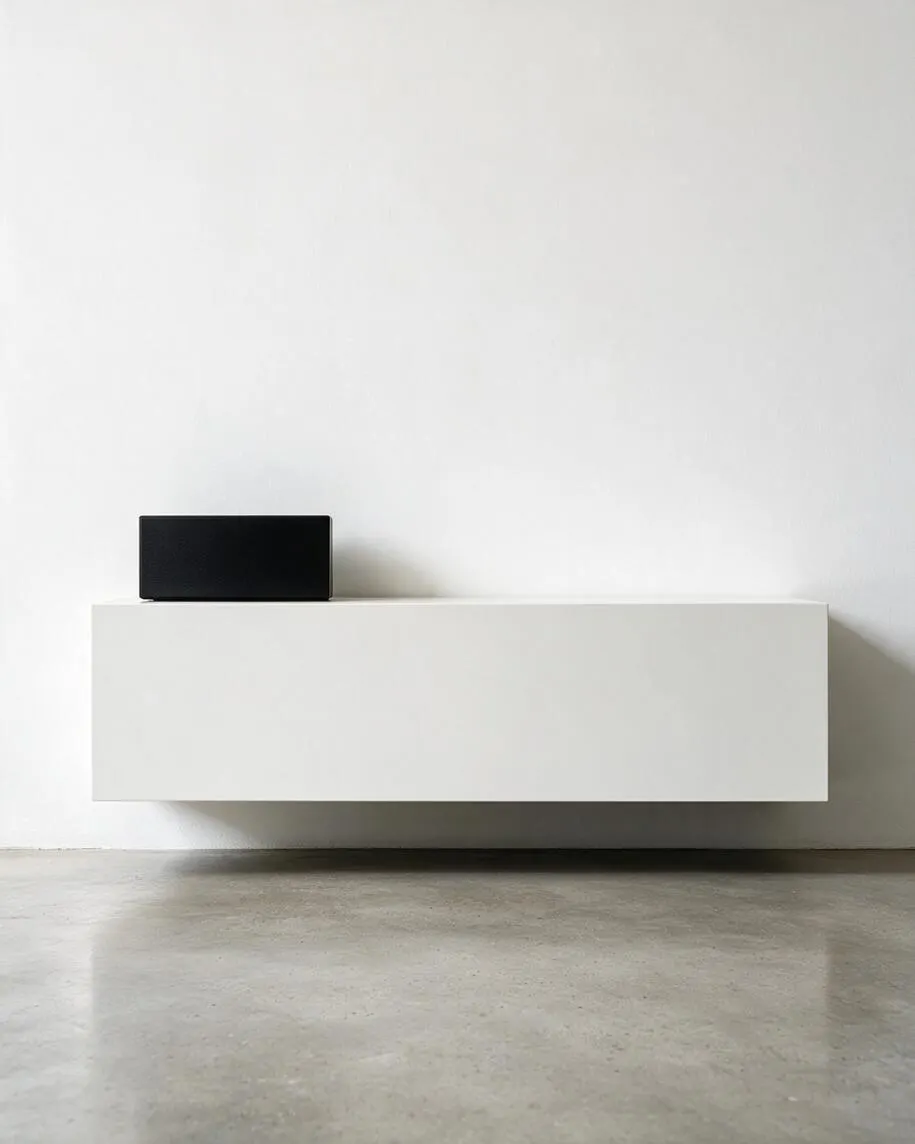 A sparse minimalist interior with a long floating white wall-mounted console centered against a plain white wall. A small black rectangular object sits on the left side of the console, while a polished concrete floor adds an industrial touch beneath the clean, geometric composition.