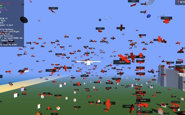 A vibrant, chaotic scene of numerous flying objects in a digital environment.