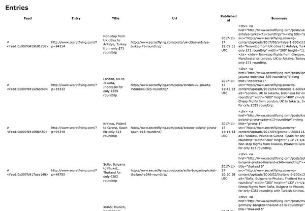 The image displays a table listing different RSS feed entries with flight deals, including details like feed, entry, title, URL, published time, and summary.