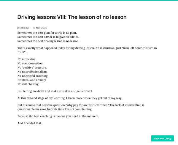A reflective post about a driving lesson experience emphasizing the value of minimal instruction.