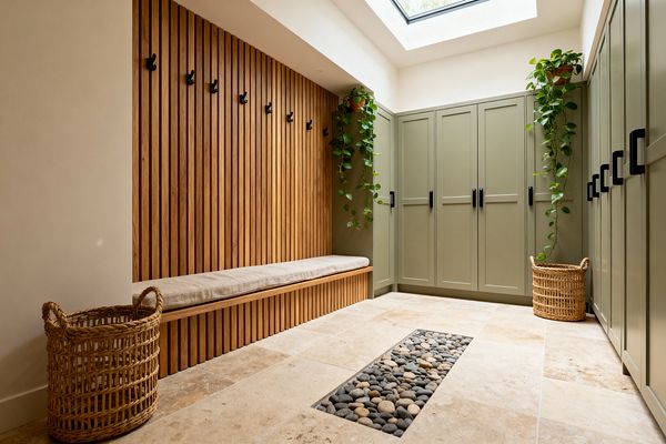 A light-filled mudroom features a vertical oak slat wall with a long built-in bench topped by a beige linen cushion and a row of matte black hooks. Opposite, sage-green Shaker cabinets with black pulls sit beneath a large skylight, while warm travertine floor tiles include a recessed strip of smooth river stones; rattan baskets and trailing pothos plants in terracotta pots add natural texture.