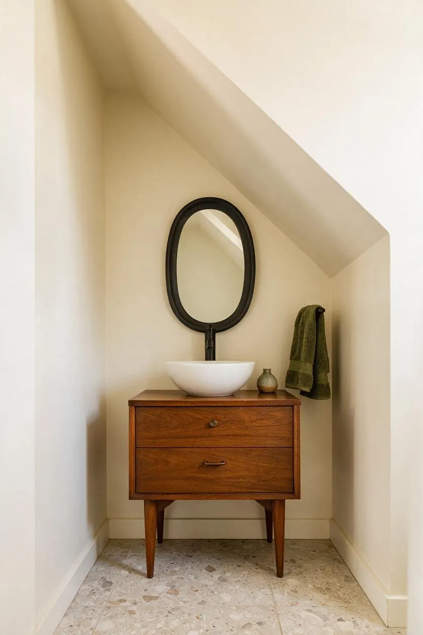A small powder room tucked under a sloped ceiling features a walnut mid-century vanity with tapered legs, a white vessel sink, and an oval black-framed mirror. Cream walls, a subtle terrazzo floor, and a dark green hand towel create a calm, tailored look.