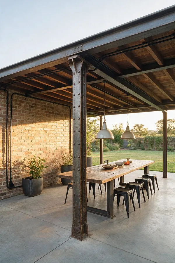 An outdoor backyard dining area with a large reclaimed wood table under a covered pavilion. The space features exposed steel beams, riveted metal posts, hanging industrial pendant lights, a brick wall, concrete flooring, and black metal stools overlooking a grassy garden.
