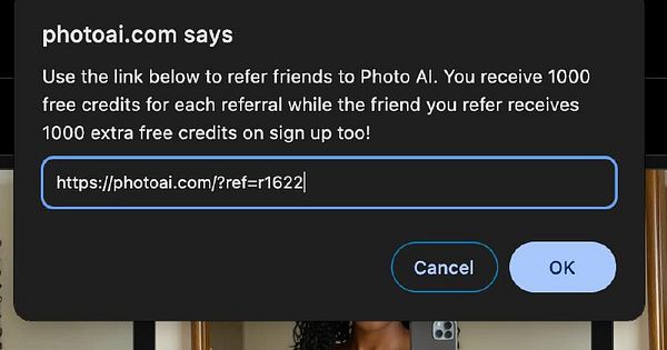 A referral message from Photo AI with a link for inviting friends.