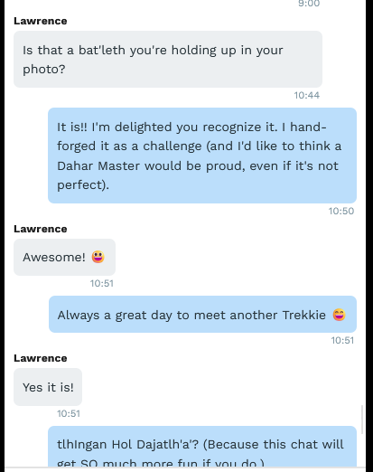 A conversation about a bat'leth and meeting fellow Star Trek fans.