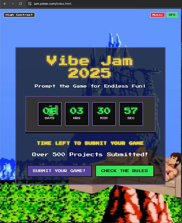 The image displays a countdown timer for the Vibe Jam 2025 event, featuring a retro gaming aesthetic.