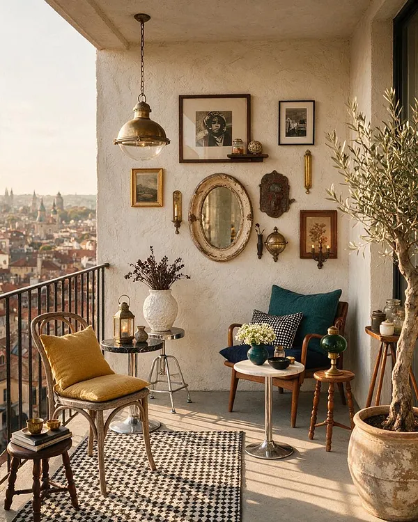 A cozy eclectic balcony with textured plaster walls, a hanging brass pendant, mismatched vintage chairs, and layered wall art. A mustard cushion, teal pillows, patterned rug, olive tree, and city view create a warm, collected outdoor retreat.