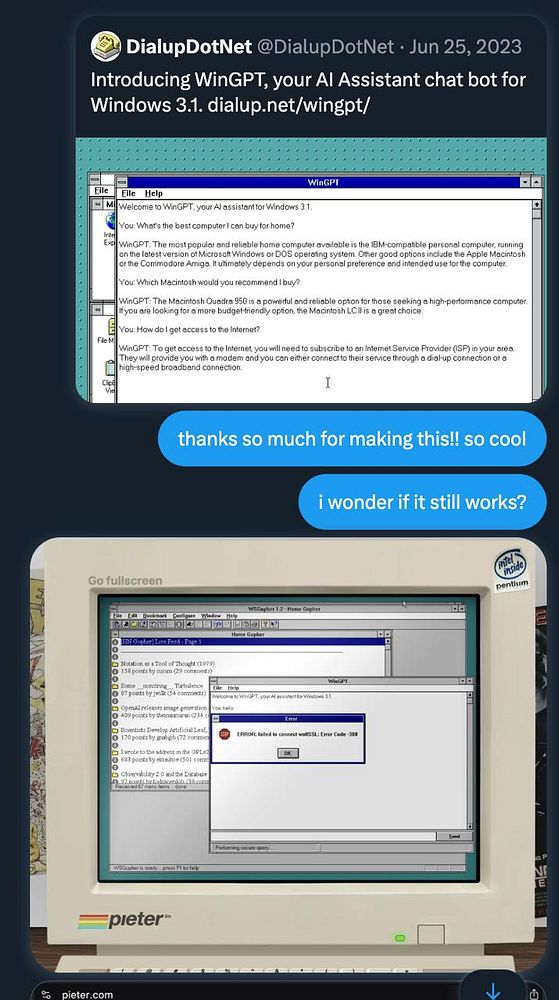 The image displays a vintage computer running a Windows 3.1 application called WinGPT, along with a conversation about its functionality.