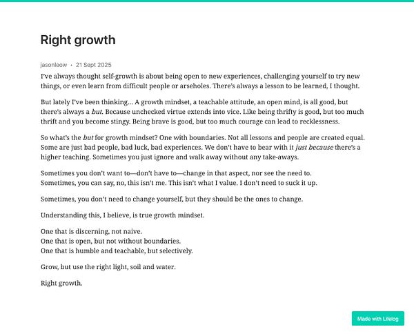 A reflective text on the concept of 'right growth' in personal development.