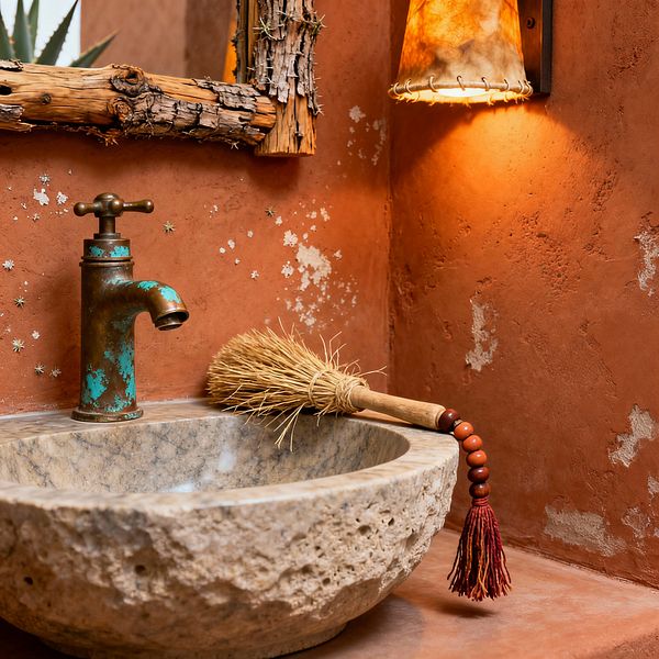 Southwestern bathroom vignette with textured terracotta walls and a rough travertine vessel sink on a matching ledge, paired with a weathered copper faucet showing turquoise verdigris. A stitched rawhide wall sconce casts warm amber light beside a reclaimed-wood mirror with bark edges, while small tin star accents and a natural-bristle brush with red beads rest near the basin.