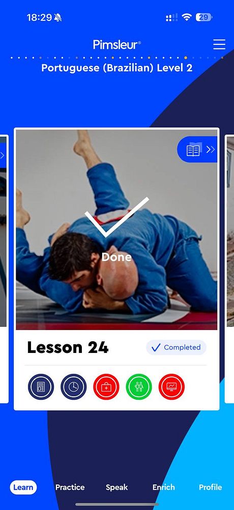 The image displays a completed lesson from the Pimsleur Portuguese (Brazilian) language learning app.