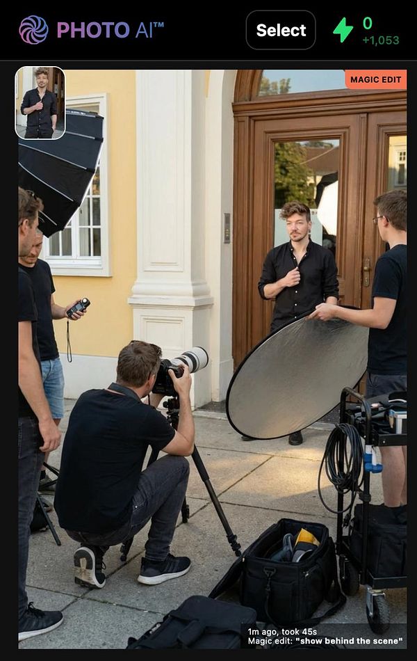 A behind-the-scenes photo shoot setup featuring a male model and a team of photographers.