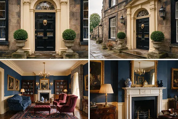 A traditional exterior with a weathered stone facade, tall cream trim, and a glossy black front door topped by an arched transom window. Potted topiary trees in stone urns flank the entrance, and black wall lanterns add symmetry and old-world charm along the wet stone walkway.