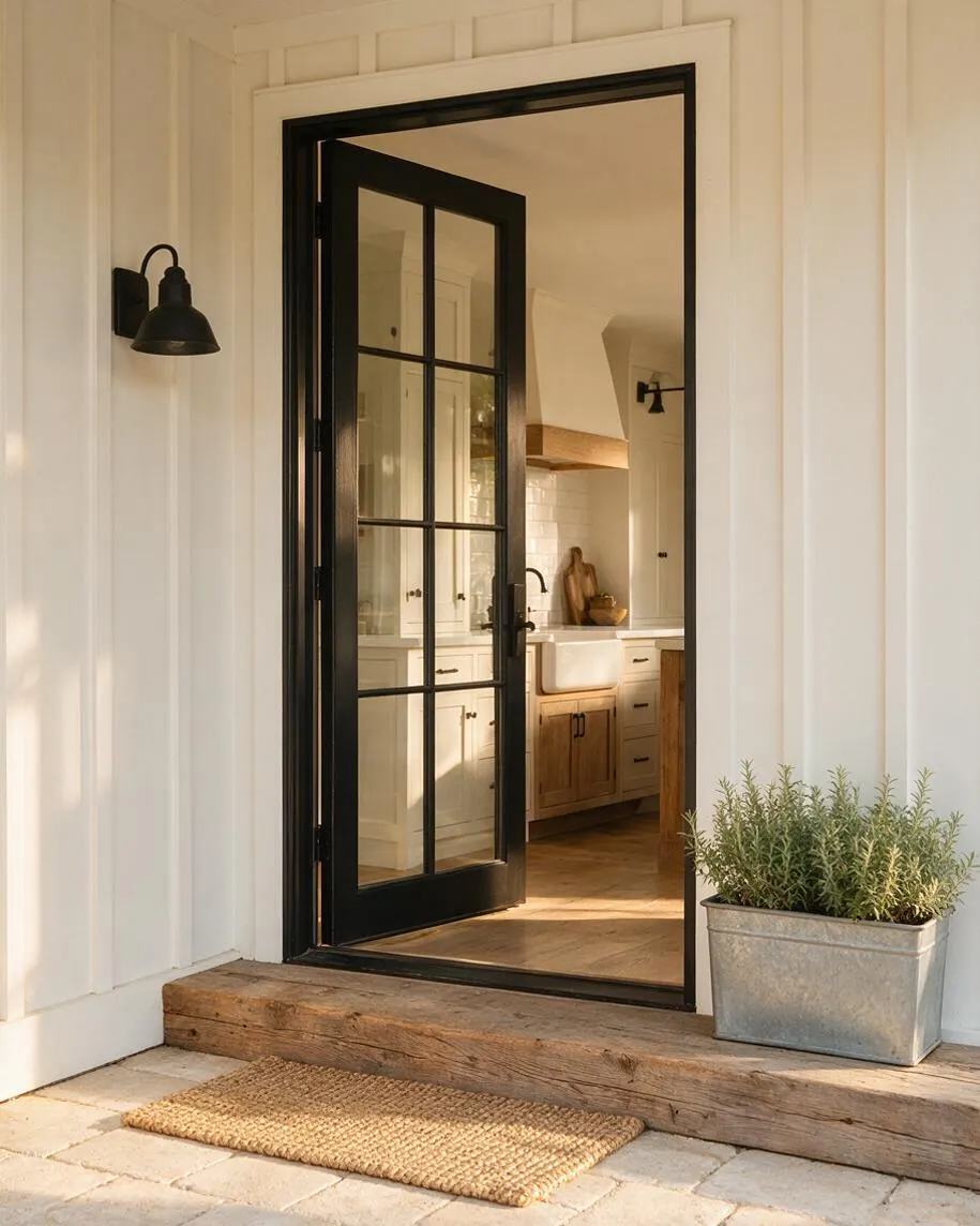 A farmhouse-style exterior entry shows white vertical siding, a black wall sconce, and a black-framed glass French door opening into a bright kitchen. A thick reclaimed wood threshold, woven jute doormat, and galvanized planter with herbs add rustic texture.
