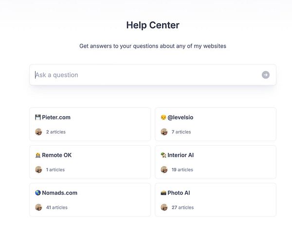 The image displays a Help Center interface with various articles related to different websites.