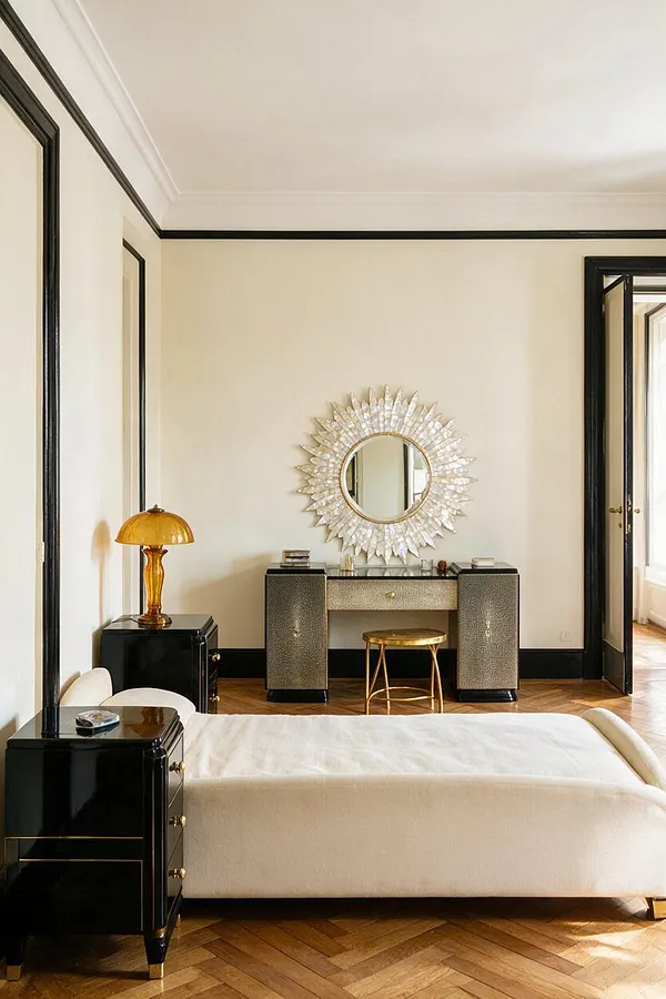 A refined guest bedroom with a low upholstered bed, glossy black nightstands, and a black-trimmed cream wall. At the center, a sculptural sunburst mirror hangs above a gold-accented vanity, while an amber glass table lamp and warm herringbone wood floor add a luxurious Art Deco feel.