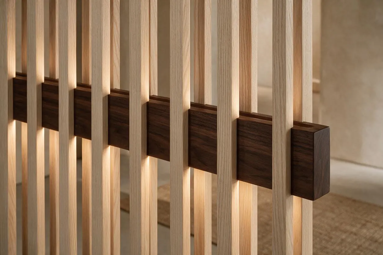 A close-up view of a Japandi-style wooden partition made of pale vertical slats with a dark walnut horizontal beam running through the center. The warm natural wood tones and soft beige background create a calm, minimalist atmosphere.